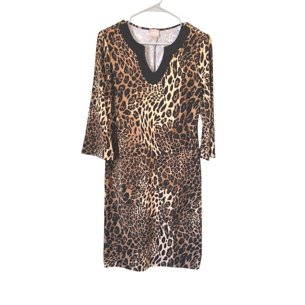 Chicos Leopard‎ Print Shift Dress Women's Small  Brown Black Mob Wife 3/4 Sleeve